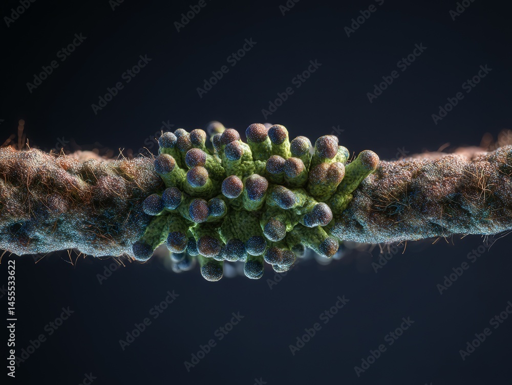 Poster close-up of a cluster of small, textured objects on a weathered rope.