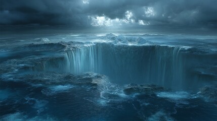 Underwater waterfall plunging into the abyss, a surreal force of nature in the deep blue ocean
