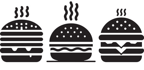 Burger icon or logo set. Hot hamburger black silhouette. Fast food black symbol. Vector illustration. stock illustration.