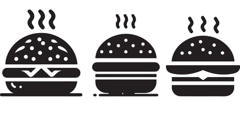 Burger icon or logo set. Hot hamburger black silhouette. Fast food black symbol. Vector illustration. stock illustration.