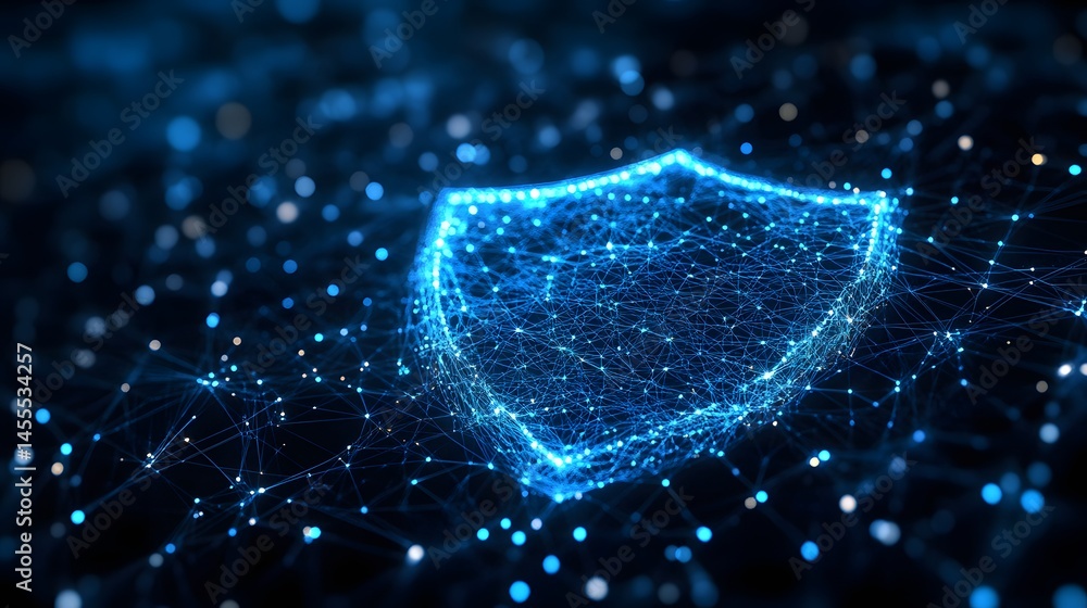 Aufkleber futuristic cyber shield protects data. glowing blue network safeguards information in the digital re