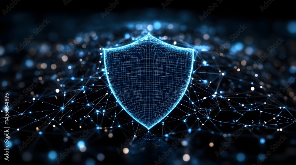 Poster futuristic shield design signifies data security and network protection. a digital fortress against 