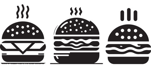 Burger icon or logo set. Hot hamburger black silhouette. Fast food black symbol. Vector illustration. stock illustration.