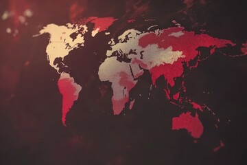 Global map, showing areas of concern highlighted in red, on a dark background, with a distressed effect
