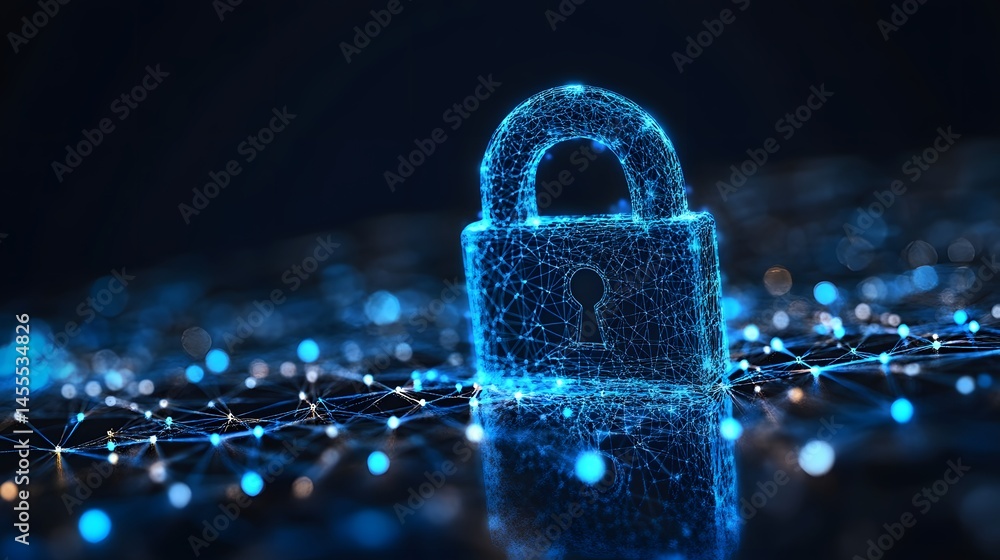 Poster futuristic digital padlock glowing blue. high-tech security with interconnected lines and points aga
