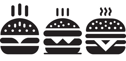 Burger icon or logo set. Hot hamburger black silhouette. Fast food black symbol. Vector illustration. stock illustration.