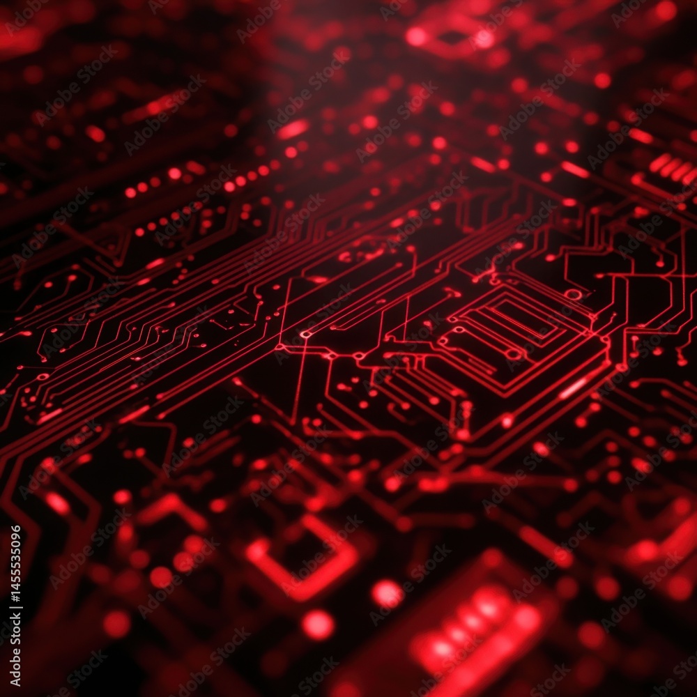 Poster red circuit board design with glowing traces for technology and innovation concepts