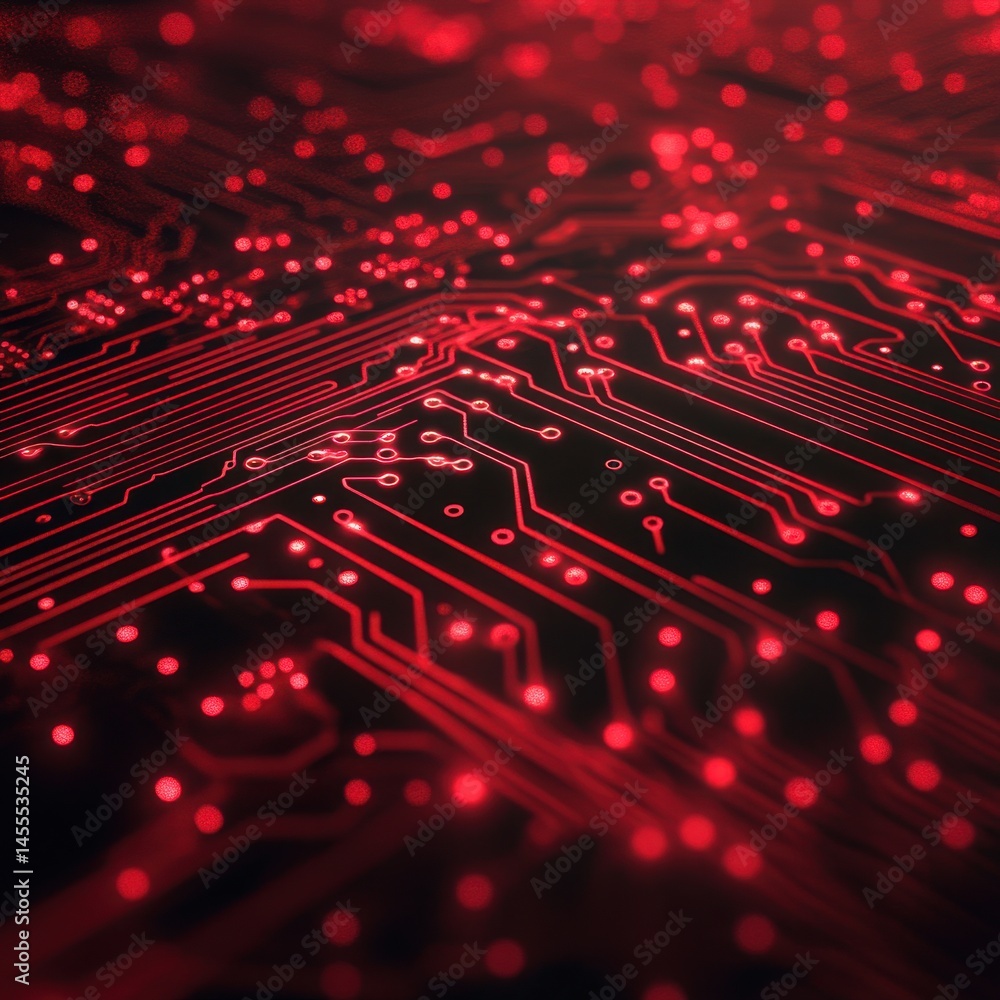 Poster red circuit board design illustrating technology and connectivity with glowing components