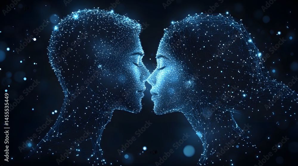 Poster futuristic depiction of connection. two human profiles of glowing dots seemingly about to kiss again