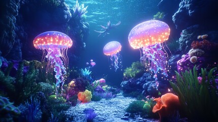 Magical bioluminescent jellyfish illuminate vibrant coral reef underwater scene glowing ocean