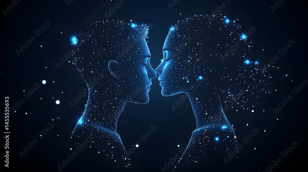 Aufkleber futuristic kiss in digital art style. two profiles connect, illuminated by blue nodes and lines. abs