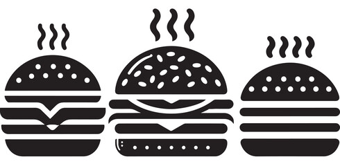Burger icon or logo set. Hot hamburger black silhouette. Fast food black symbol. Vector illustration. stock illustration.