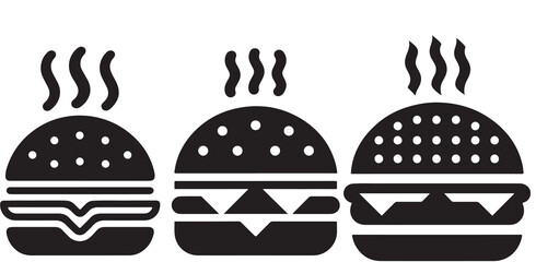 Burger icon or logo set. Hot hamburger black silhouette. Fast food black symbol. Vector illustration. stock illustration.