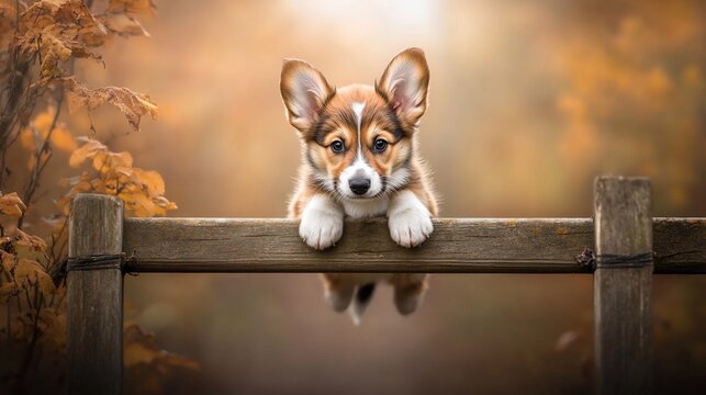 Adorable puppy peering over a rustic fence in autumnal scenery