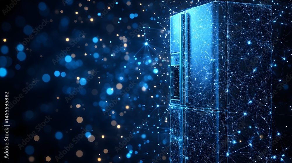 Aufkleber Futuristic refrigerator design interwoven with a luminous, interconnected network. Soft bokeh lights create depth and intrigue. Abstract Digital low-poly wireframe connected dots in dark blue.