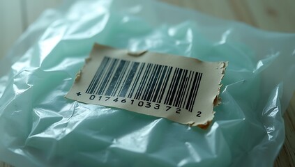 Barcode sticker torn and distorted on a transparent plastic wrapper, symbolic of identity crisis