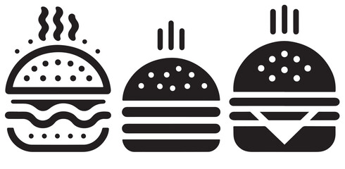 Burger icon or logo set. Hot hamburger black silhouette. Fast food black symbol. Vector illustration. stock illustration.