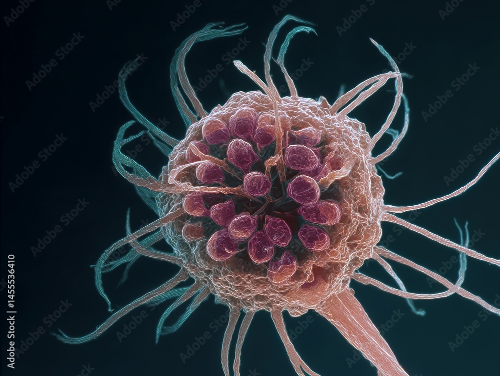 Poster high-magnification microscopic view of a complex cell structure.