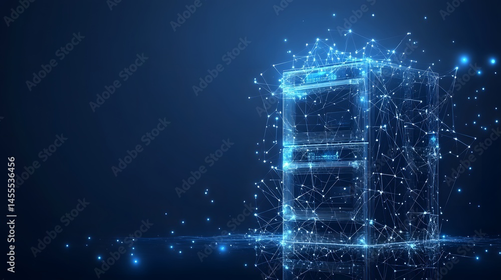 Aufkleber Futuristic server rack blueprint in cool blue, representing data storage and connectivity. Digital network with interconnected lines and nodes. Abstract Digital low-poly wireframe