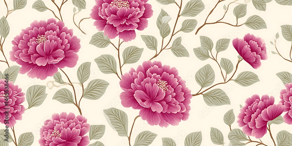 Poster seamless pattern of peony flowers, delicate and elegant, are arranged in an elaborate pattern on a w