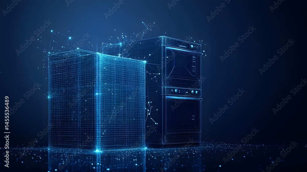 Poster digital wireframe art showcasing a cube and oven connected by glowing network points against a dark 