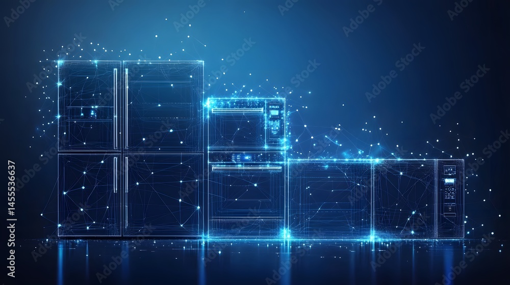Aufkleber futuristic kitchen appliances rendered as interconnected wireframes against a dark blue backdrop, cr