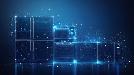 Obraz premium Futuristic kitchen appliances rendered as interconnected wireframes against a dark blue backdrop, creating a digital blueprint aesthetic. Abstract Digital low-poly wireframe