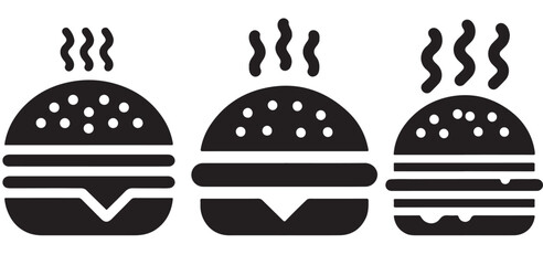 Burger icon or logo set. Hot hamburger black silhouette. Fast food black symbol. Vector illustration. stock illustration.