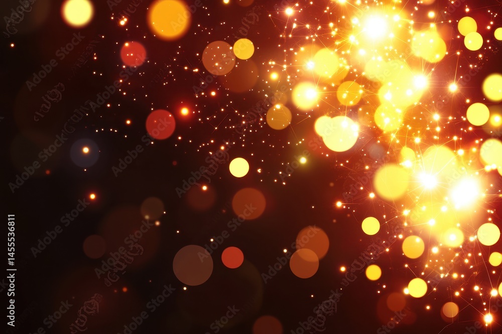 Poster sparkling golden lights burst on dark background bokeh effects create circles of light, with varying