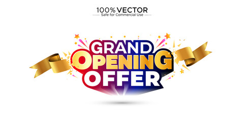 Grand Opening offer, sale, deal, discount, 3d golden logo with banner design. New shop inauguration or ceremony and sales promotion concept.