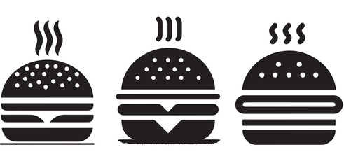 Burger icon or logo set. Hot hamburger black silhouette. Fast food black symbol. Vector illustration. stock illustration.