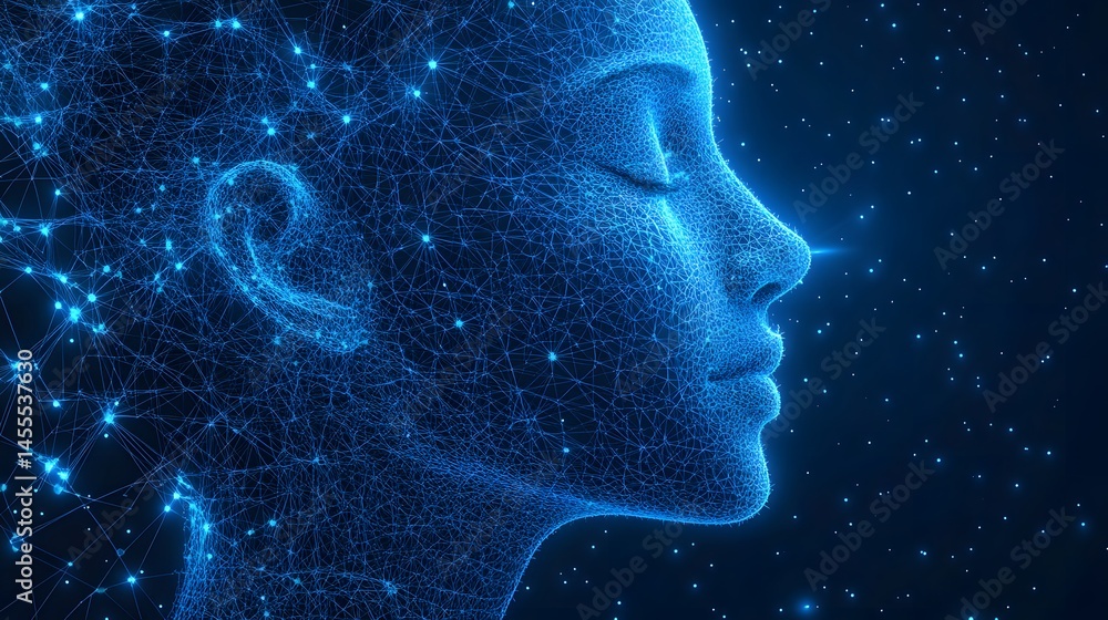 Leinwandbilder digital human head profile. blue network of lines and nodes forms the face, evoking ai and technolog