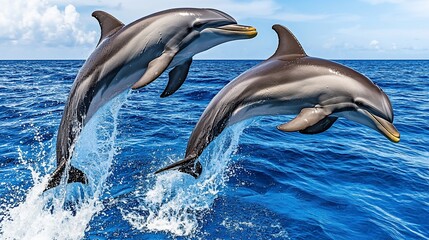 Naklejka premium Two dolphins leaping playfully in the ocean