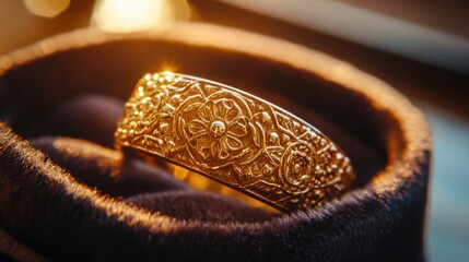 Naklejka premium A close-up shot of a beautiful gold ring with intricate designs, placed on a velvet jewelry box with soft, diffused light highlighting its gleaming surface.