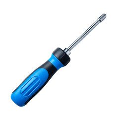 Fototapeta premium A modern blue and black screwdriver with a strong metal shaft shown on a clean background.