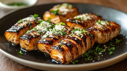 Close-up view of grilled salmon fillets seasoned with herbs and spices.