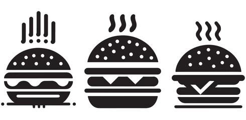 Burger icon or logo set. Hot hamburger black silhouette. Fast food black symbol. Vector illustration. stock illustration.