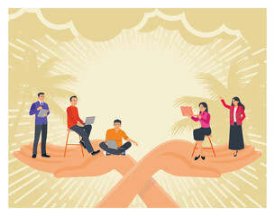 Employee Care Wellbeing at  Workplace Support with Professionals Tiny Office Workers on Giant Hands.