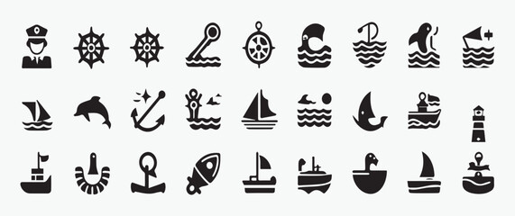 Fototapeta premium Nautical Icons Set Ships, Boats, Sailing, Navigation, and Sea Life vector
