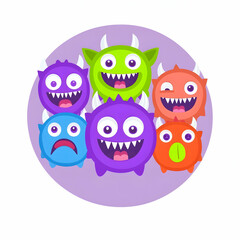 Obraz premium Colorful cartoon monsters smiling, group, illustration, digital art, children's book
