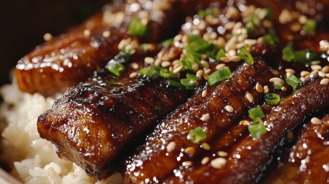A close-up shot of a delicious bowl of unagi don, with glazed eel over fluffy white rice, garnished with sesame seeds and green onions, served in a traditional Japanese dish.