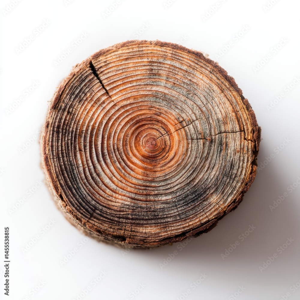 Poster tree ring pattern on a log slice showing growth rings and textured bark against white backdrop