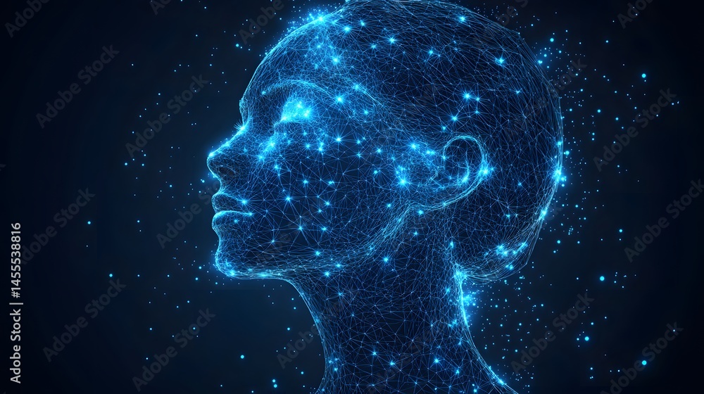 Poster Futuristic profile of a human head as a blue wireframe, glowing dots. Implies AI, neural networks, or digital consciousness. Abstract Digital low-poly wireframe connected dots in dark blue