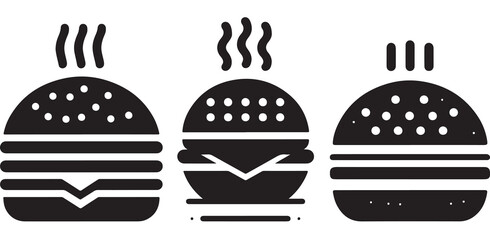 Burger icon or logo set. Hot hamburger black silhouette. Fast food black symbol. Vector illustration. stock illustration.