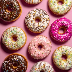 Colorful Assortment of Glazed Donuts on Pink Background