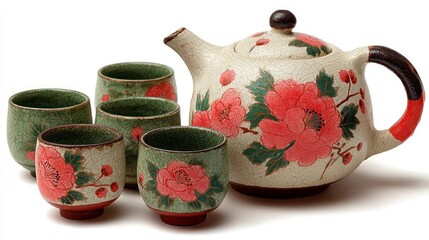 Traditional Ceramic Tea Set with Floral Design and Matching Cups for Cultural or Decorative Use