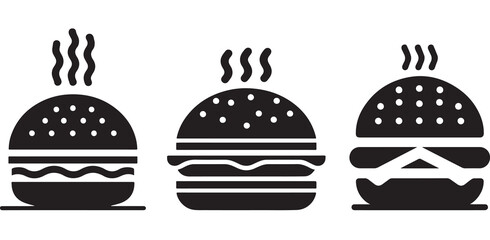 Burger icon or logo set. Hot hamburger black silhouette. Fast food black symbol. Vector illustration. stock illustration.