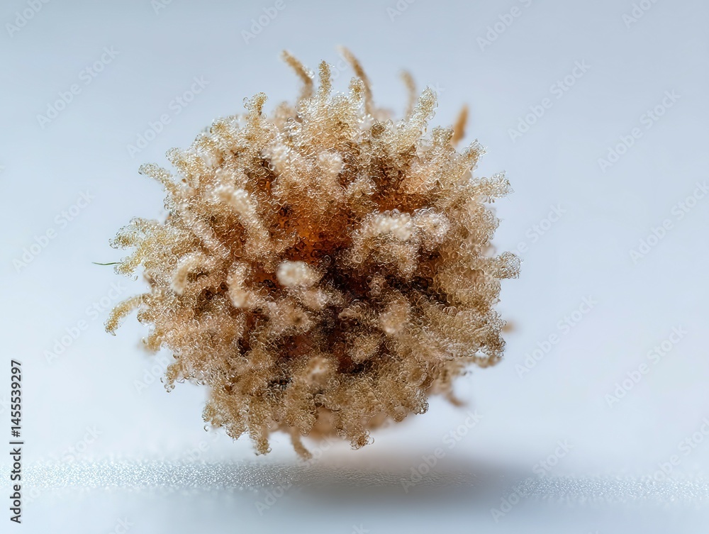 Poster close-up view of a spherical, textured object.