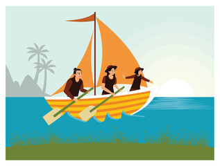 Obraz premium Family Group Sailing Under the Sunset Rowing a Sailboat with Tropical Background.