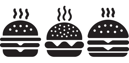 Burger icon or logo set. Hot hamburger black silhouette. Fast food black symbol. Vector illustration. stock illustration.
